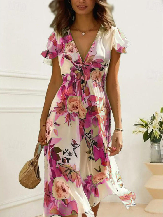 Printed Bohemian Women's V-neck Mid-length Dress