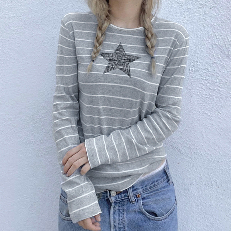 Street Striped Simple Commuter Style XINGX Contrast Color Long Sleeves Top