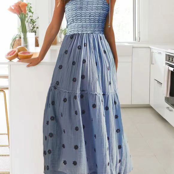 Smocking SUNFLOWER Embroidery A- Line Large Hem Dress