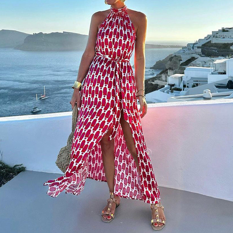 Fashion Print Halter Beach Vacation Mid-length Dress