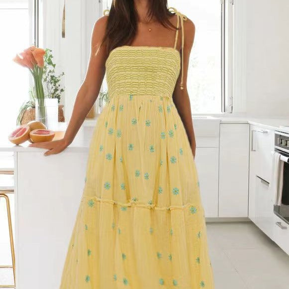 Smocking SUNFLOWER Embroidery A- Line Large Hem Dress