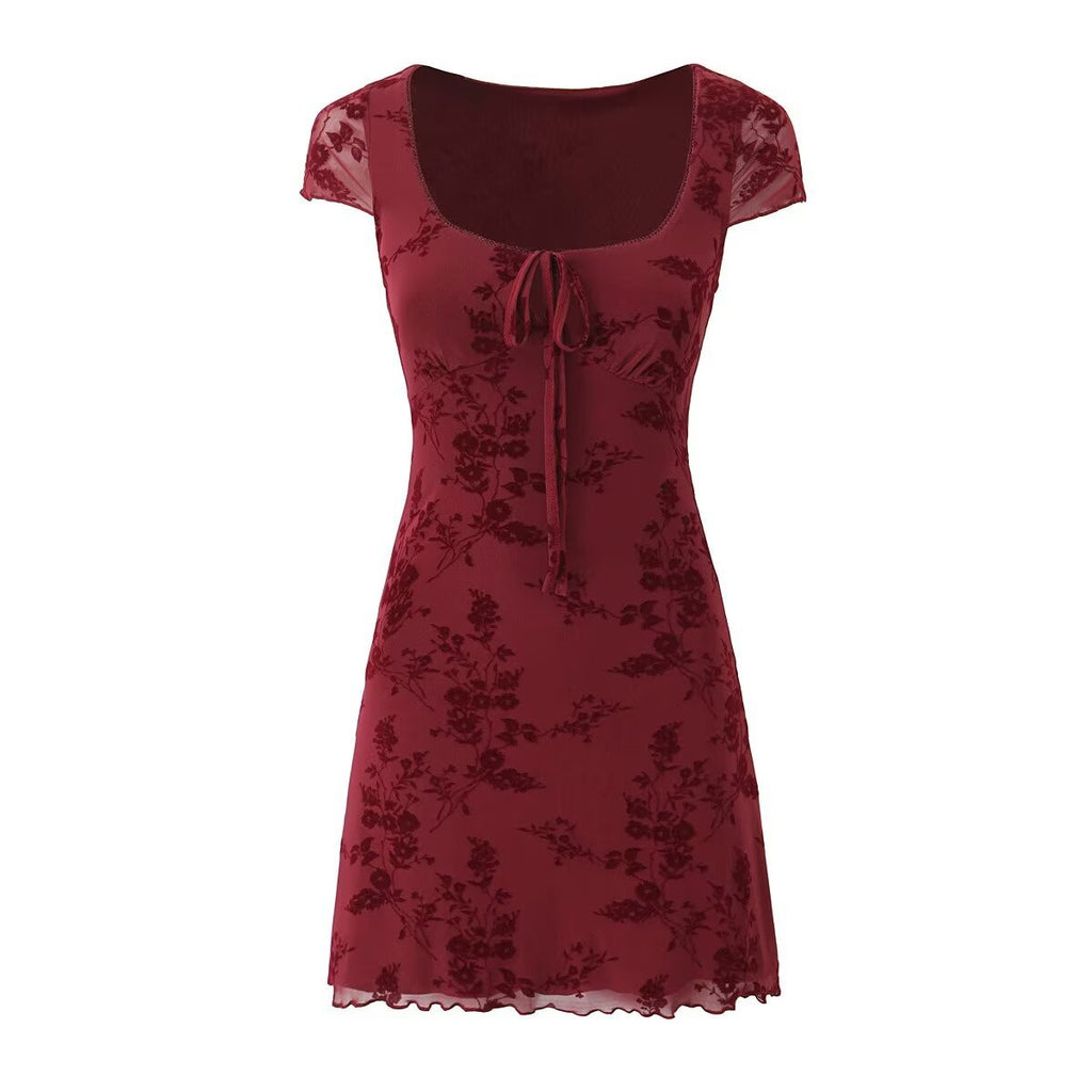 Women's Floral Flocking Lace-up Short Sleeve Dress
