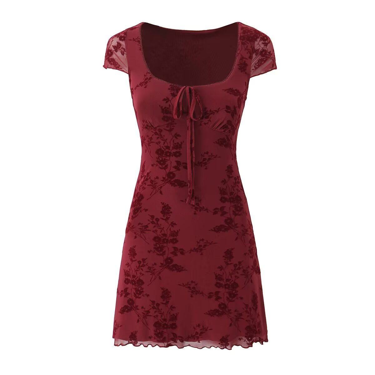 Women's Floral Flocking Lace-up Short Sleeve Dress
