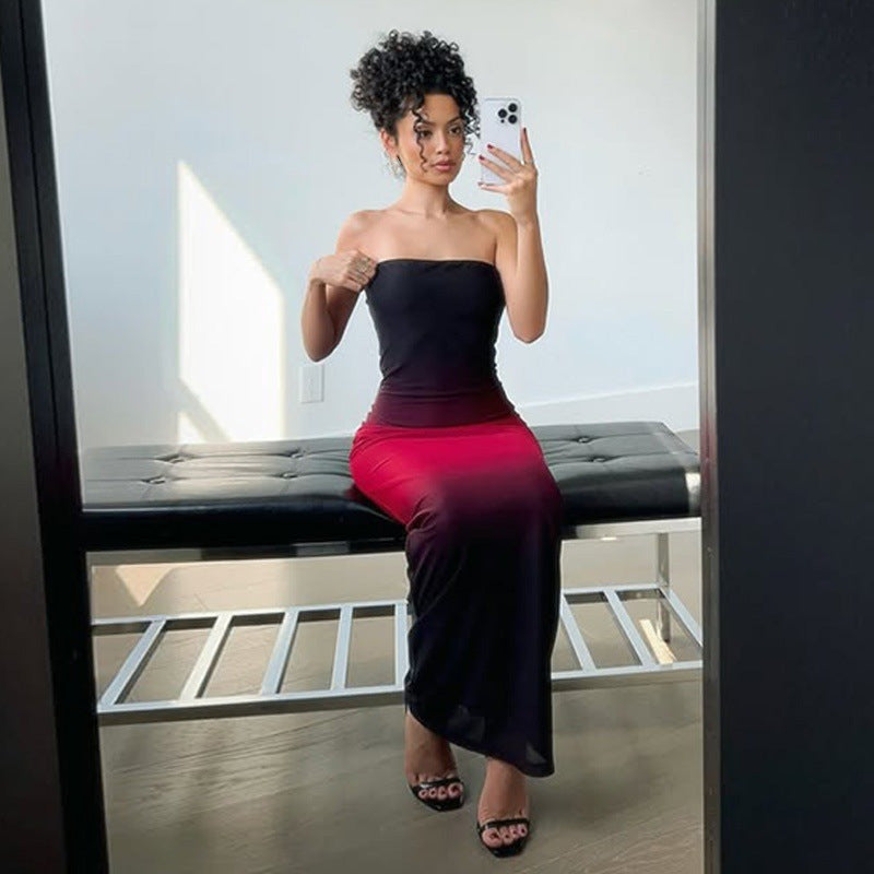 Off-shoulder Color Matching Skinny Sheath Tube Top Dress