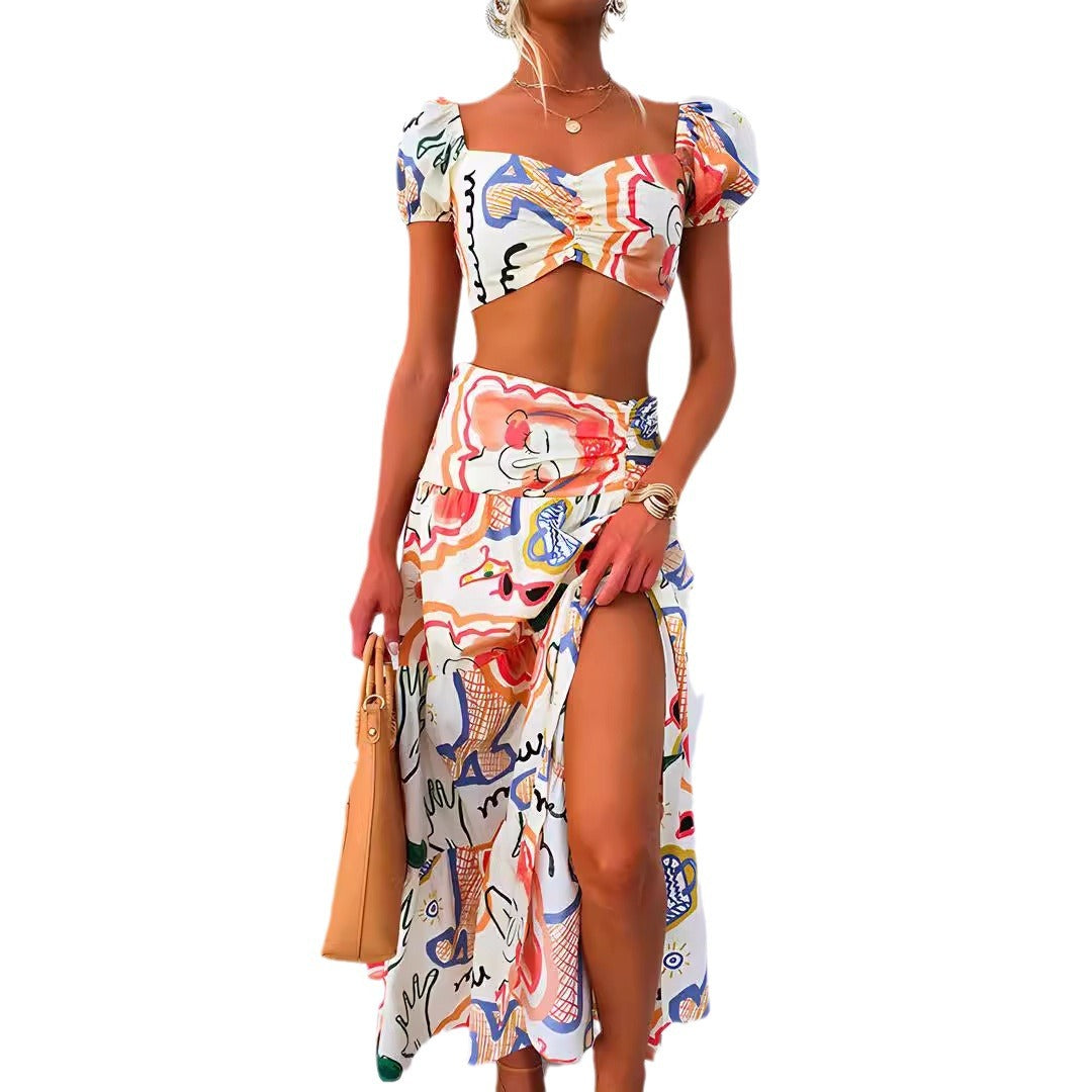 European And American Summer Printed Top Wrapped Chest Skirt Two-piece Suit