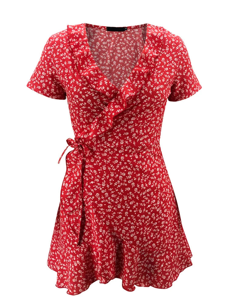 Sommer-Damenkleid mit Blumenmuster, A-Linie, süßes, elegantes Blumenrüschen, V-Ausschnitt, Bandage, kurzes Kleid für Damen, schickes Blumen-Minikleid