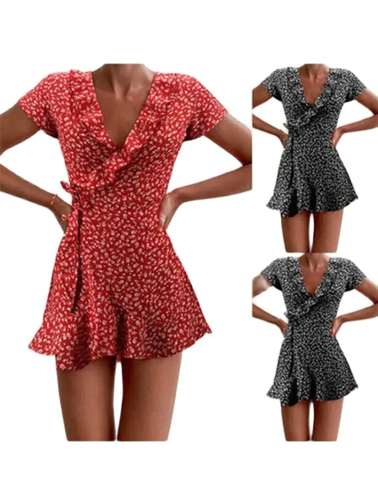 Sommer-Damenkleid mit Blumenmuster, A-Linie, süßes, elegantes Blumenrüschen, V-Ausschnitt, Bandage, kurzes Kleid für Damen, schickes Blumen-Minikleid