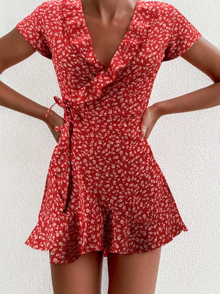 Sommer-Damenkleid mit Blumenmuster, A-Linie, süßes, elegantes Blumenrüschen, V-Ausschnitt, Bandage, kurzes Kleid für Damen, schickes Blumen-Minikleid