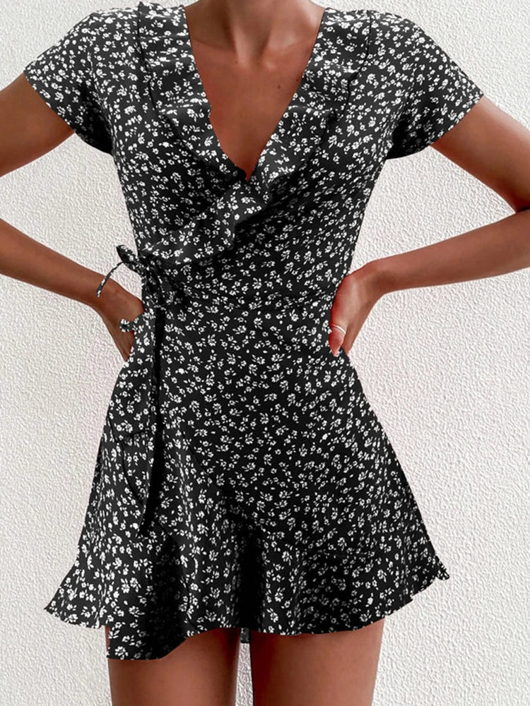 Sommer-Damenkleid mit Blumenmuster, A-Linie, süßes, elegantes Blumenrüschen, V-Ausschnitt, Bandage, kurzes Kleid für Damen, schickes Blumen-Minikleid