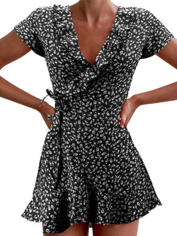 Sommer-Damenkleid mit Blumenmuster, A-Linie, süßes, elegantes Blumenrüschen, V-Ausschnitt, Bandage, kurzes Kleid für Damen, schickes Blumen-Minikleid
