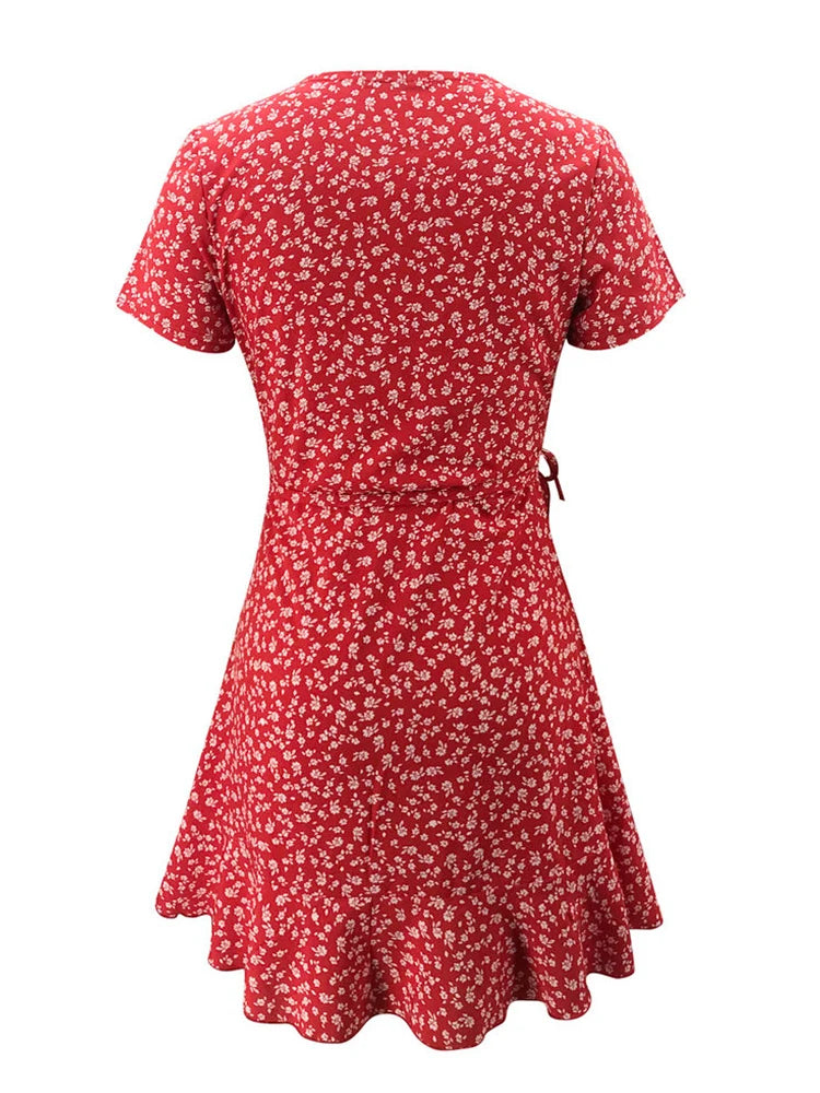 Sommer-Damenkleid mit Blumenmuster, A-Linie, süßes, elegantes Blumenrüschen, V-Ausschnitt, Bandage, kurzes Kleid für Damen, schickes Blumen-Minikleid