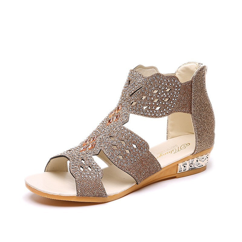 Summer New Fashion Flat Casual Open Toe Rhinestone Hollow Sandals For Women