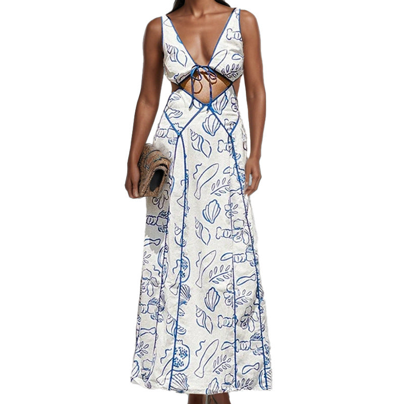 Women's Fashion Simple Printing Hollow Dress