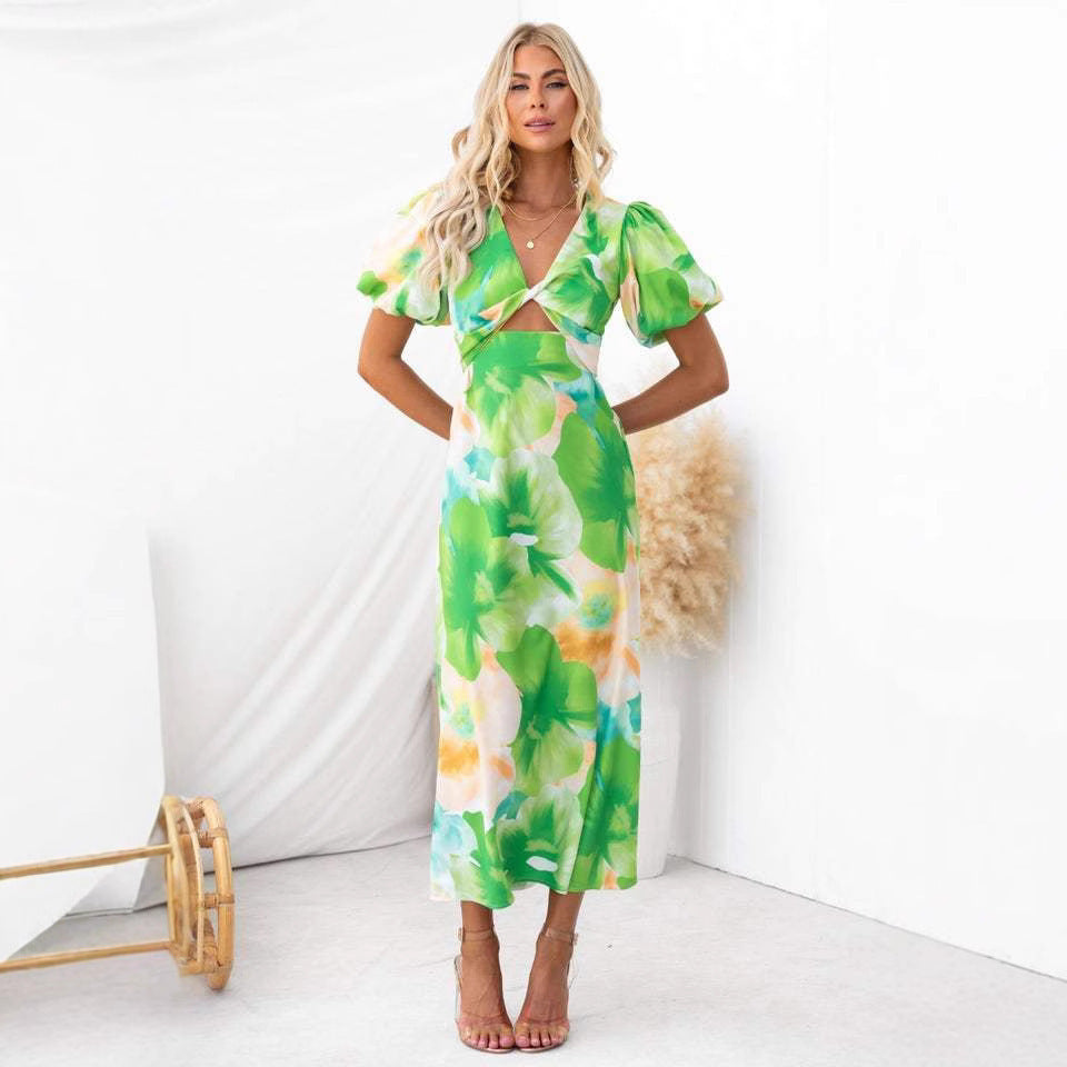 Puff Sleeve Long Dress Printed V-neck Hollow Out