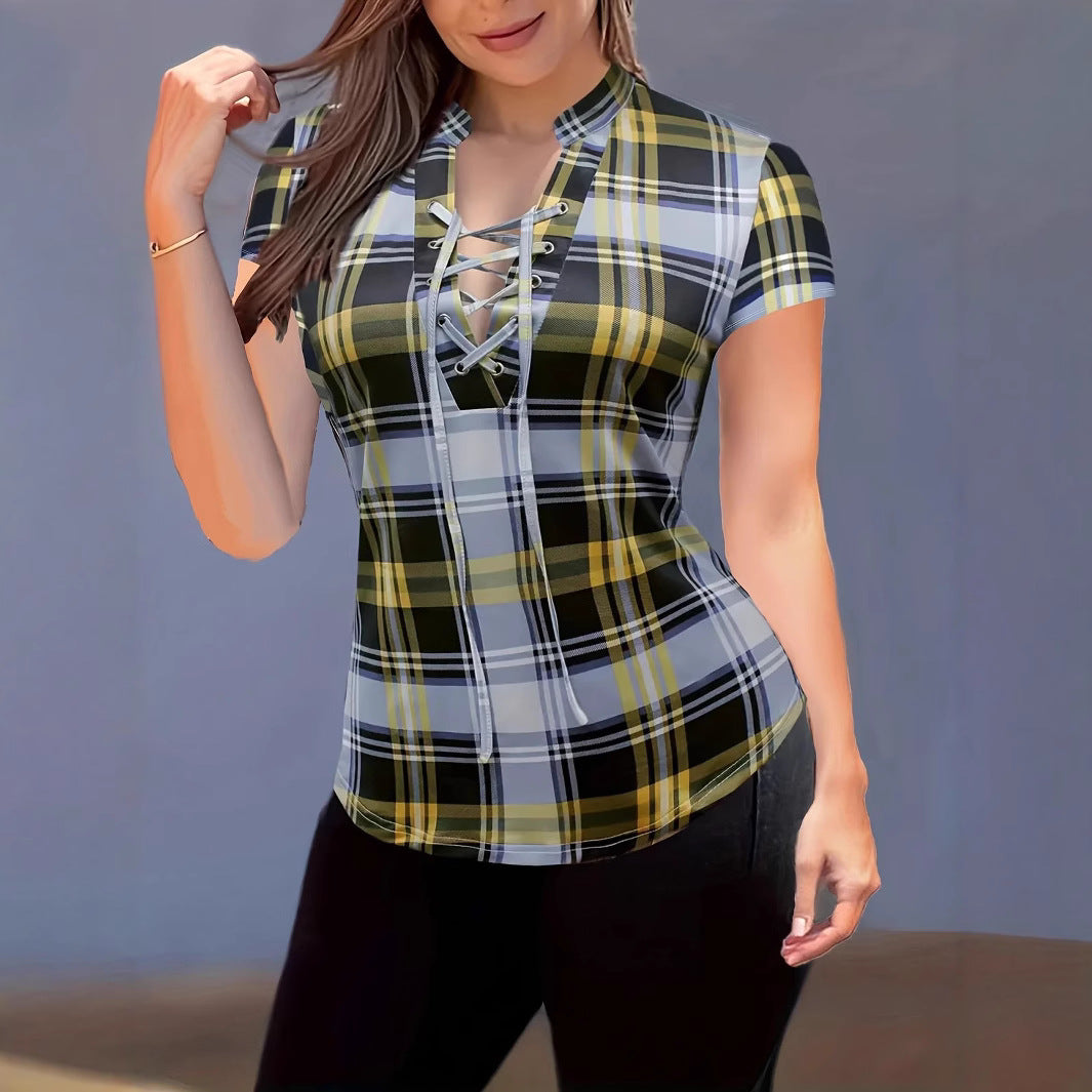 Womens Plaid Printed Stand Collar Chest-Tie Slim-Fit Top