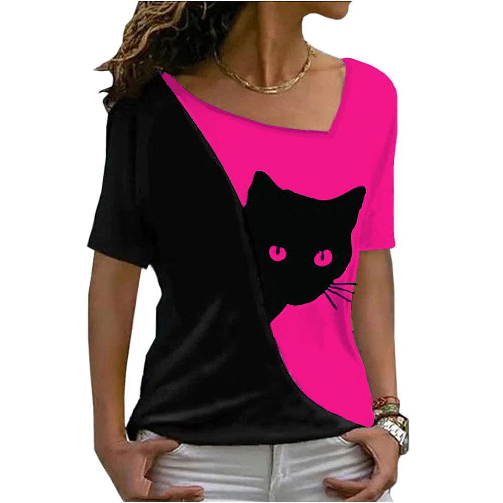 Women's Cat Printing Top Short Sleeve