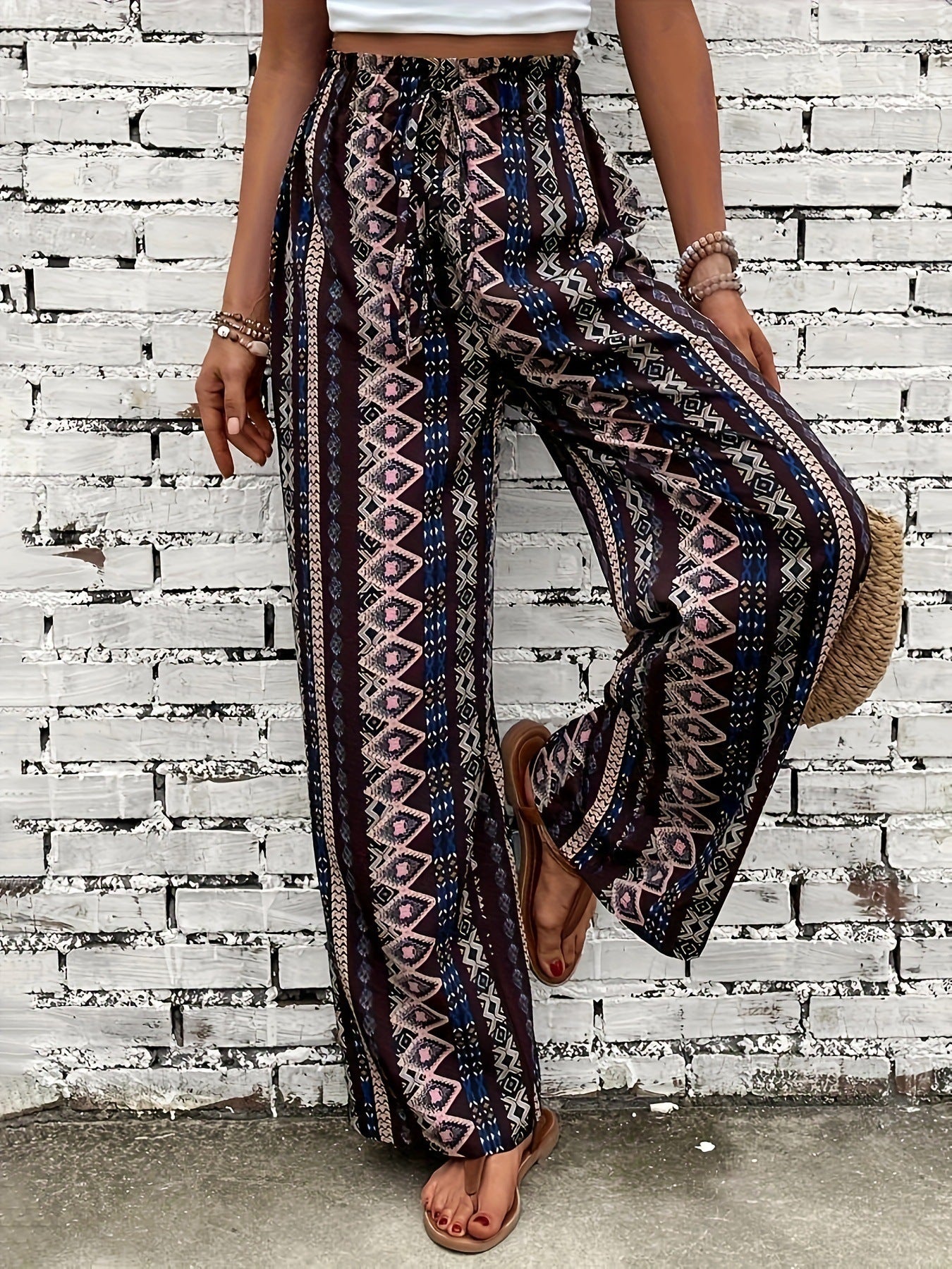 Bohemian Print Loose-fitting Wide-leg Trousers