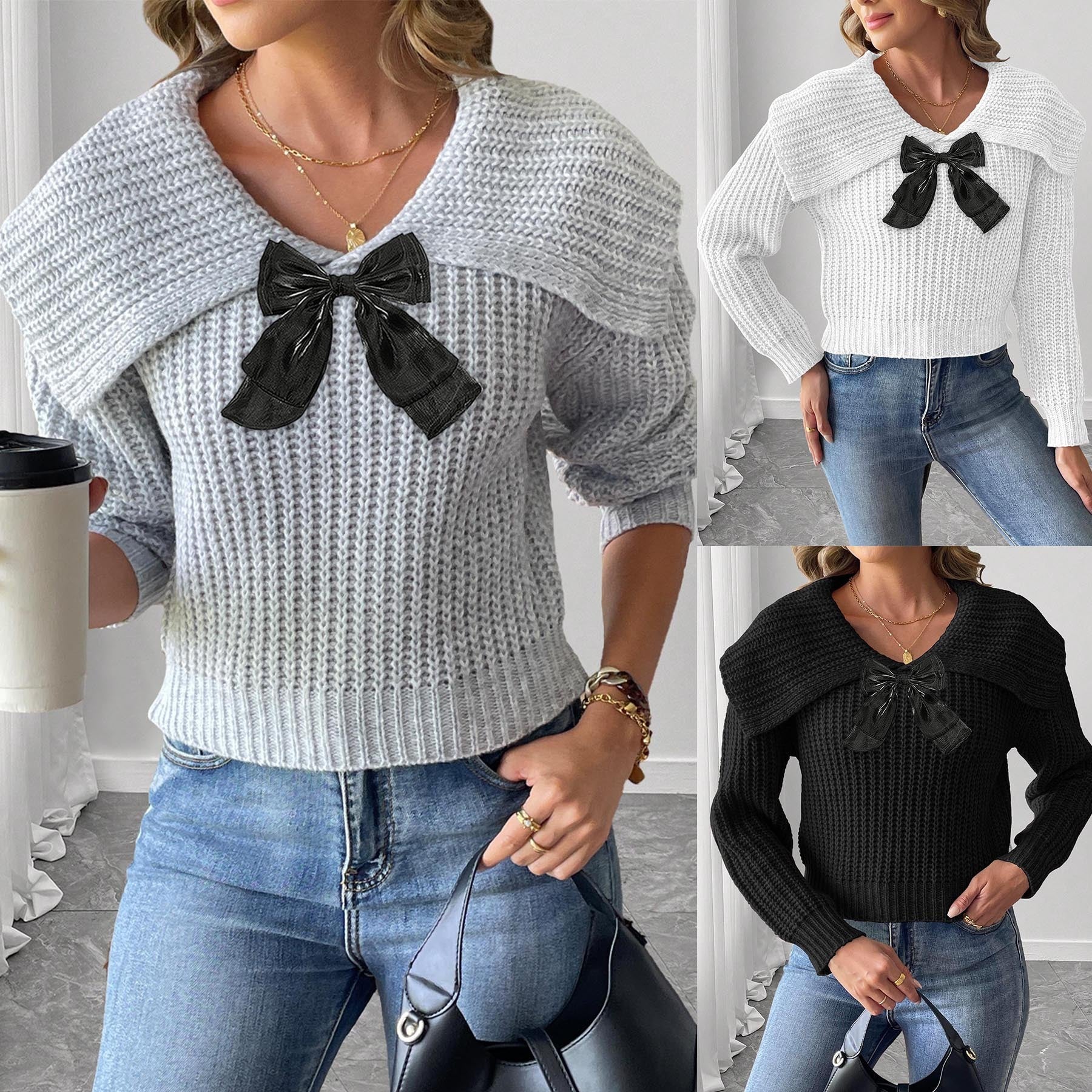Women's Large Lapel Bow Splicing Pullover Sweater