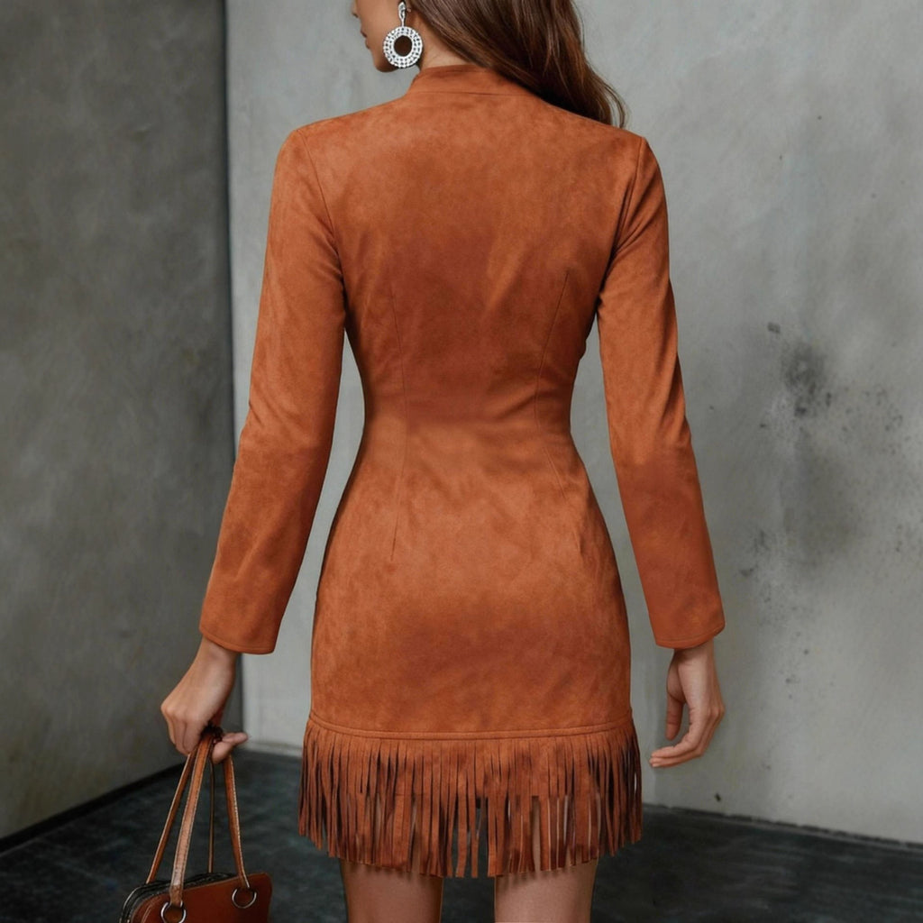 Western Cowboy-Style Suede Fringe Bodycon Mini Dress With Long Sleeves