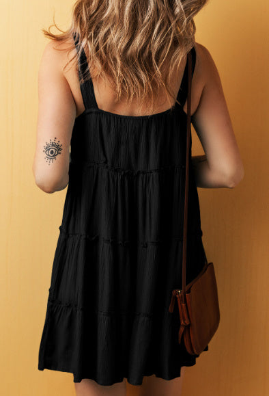 Black Button V Neck Frilly Tiered Sleeveless Dress