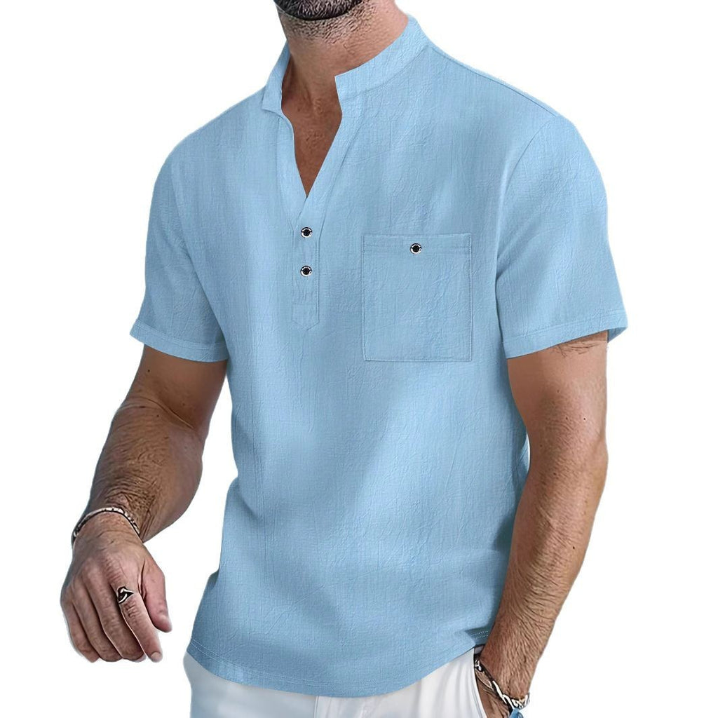 Stand Collar T-shirt Linen Short Sleeve Shirt Men
