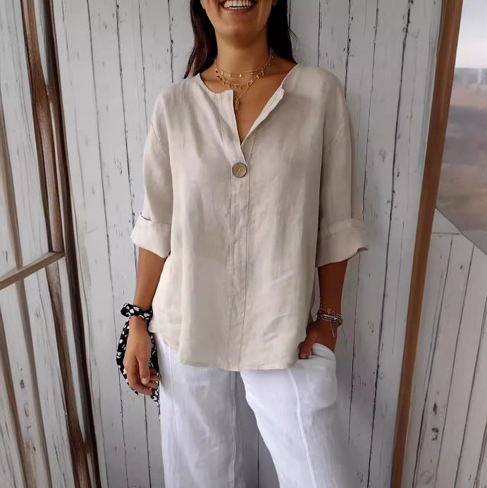 Summer New Loose T-shirt Women's V-neck Solid Color Button Three-quarters Sleeve Top