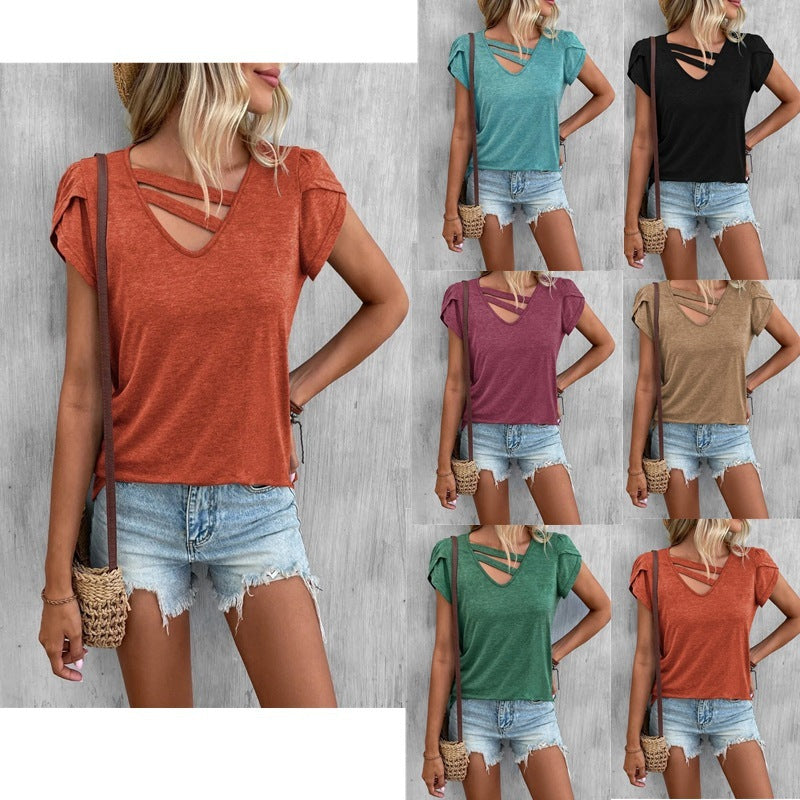 V-neck Stitching Petal Sleeve Loose T Top For Women