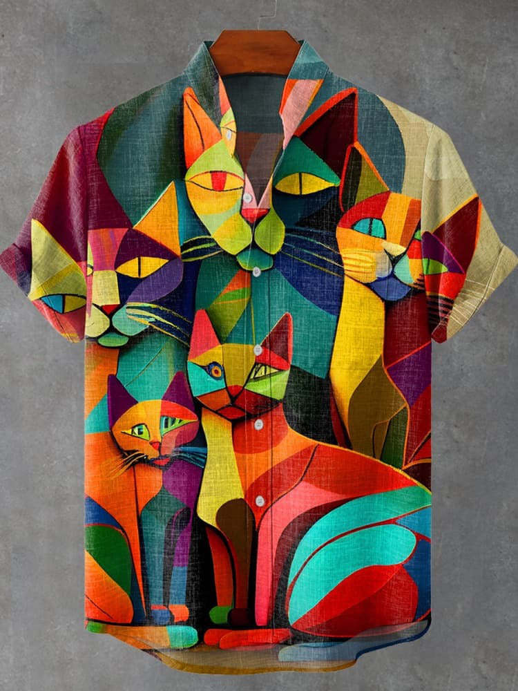 Abstract Pattern 3D Digital Printing Loose Trendy Short Sleeve Stand Collar Cardigan Shirt
