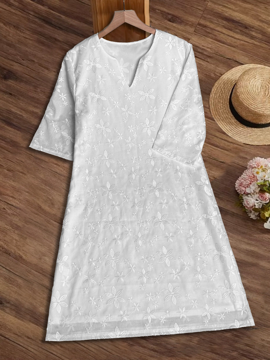 White Lace Ruffled Short Sleeves Hollow Dress