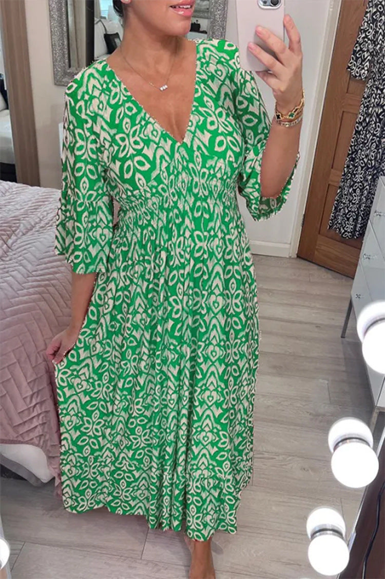 New Plus Size Super Fairy V-neck Floral Dress For Beach Vacation, Loose Long Skirt
