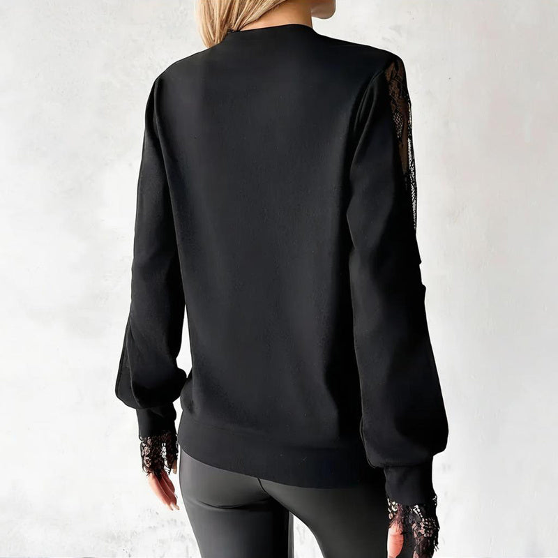 Women's Black Round Neck Lace Hollow Out Long Sleeve Top - Elegant Spring Summer Blouse