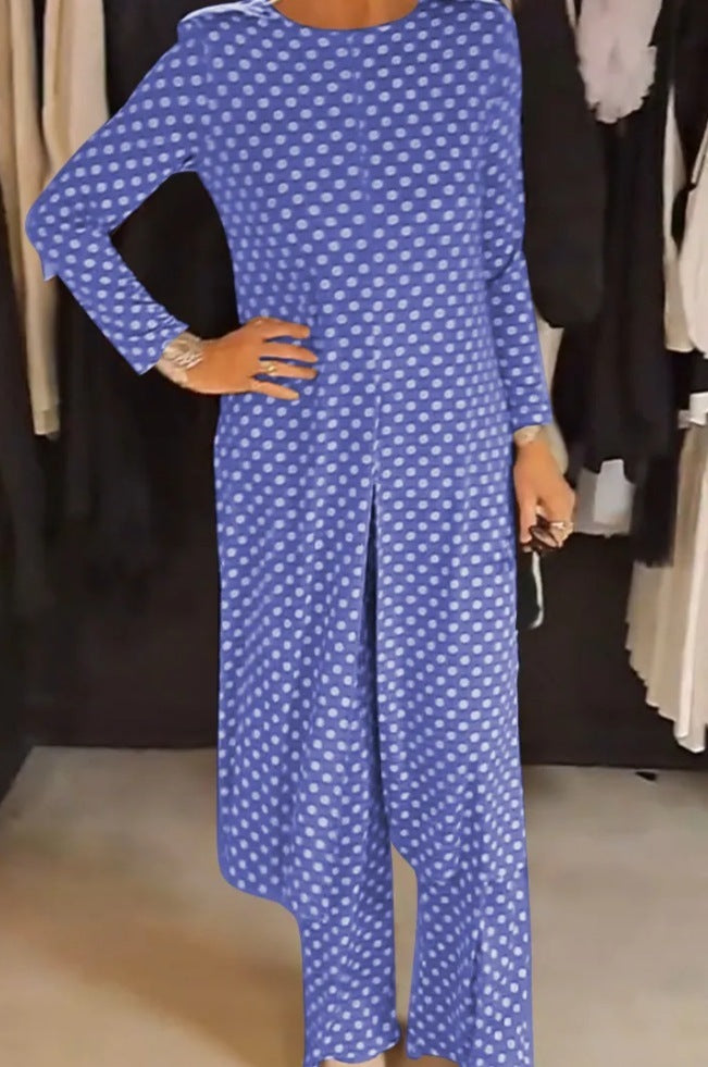 Round Neck Long Sleeve Split Polka Dot Trousers Casual Suit Women