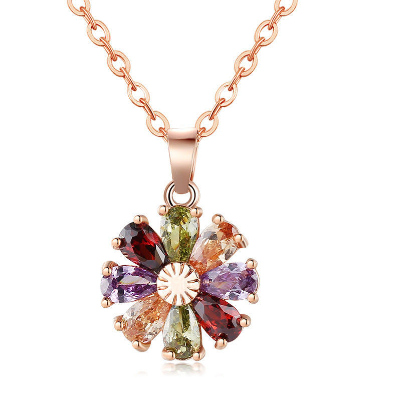 Copper Zircon Floral Diamond Necklace Stud Earrings