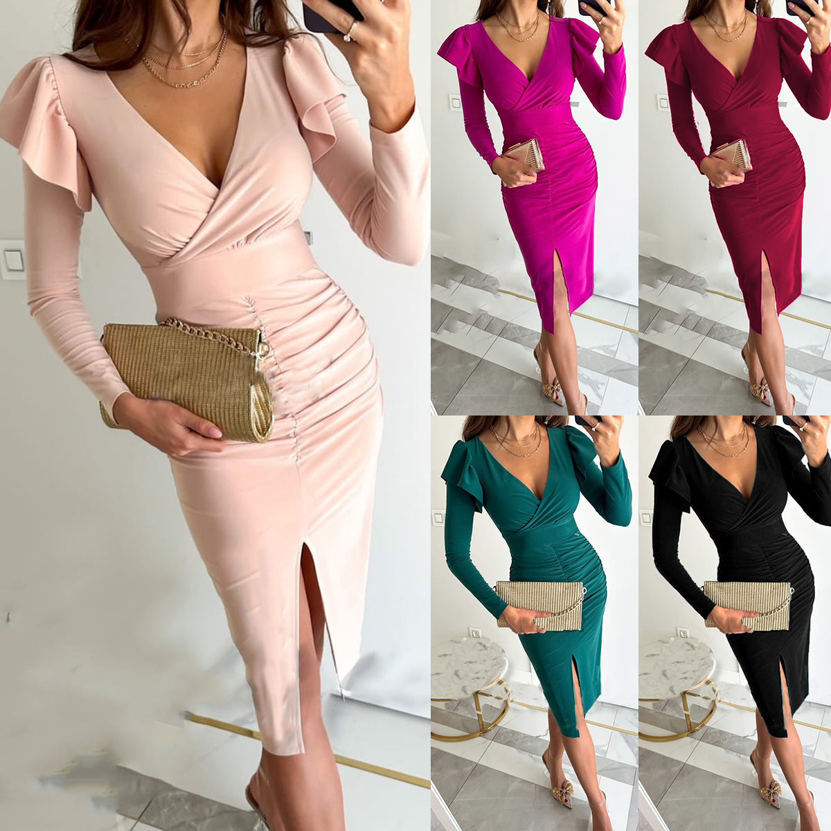 V-neck Solid Color Long Sleeve Dress