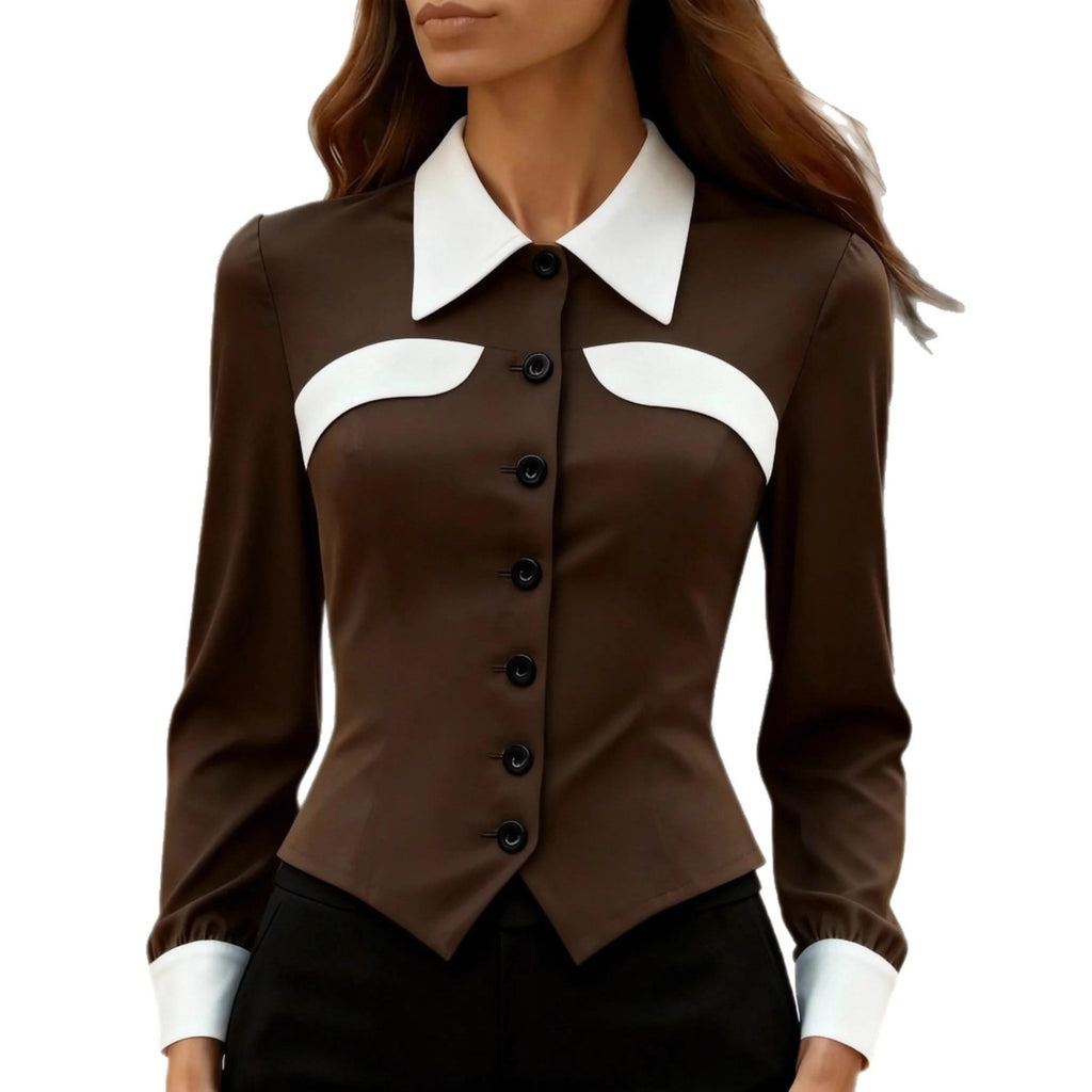 Color-blocked Slim-fit Versatile Long-sleeve Shirt For Women