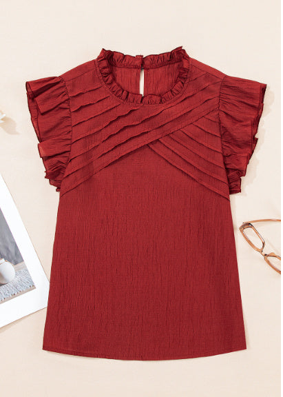 Red Dahlia Solid Color Pleated Detail Ruffle Short Sleeve Blouse