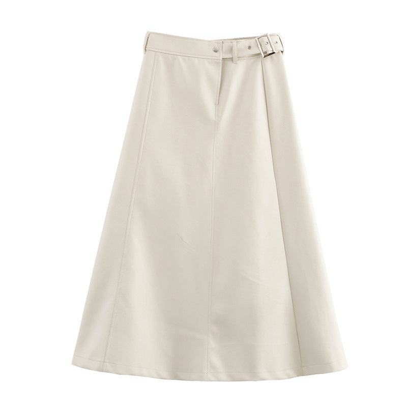 High Waist Pure Color With Belt A- Line Faux Leather Midi Skirt Skirt