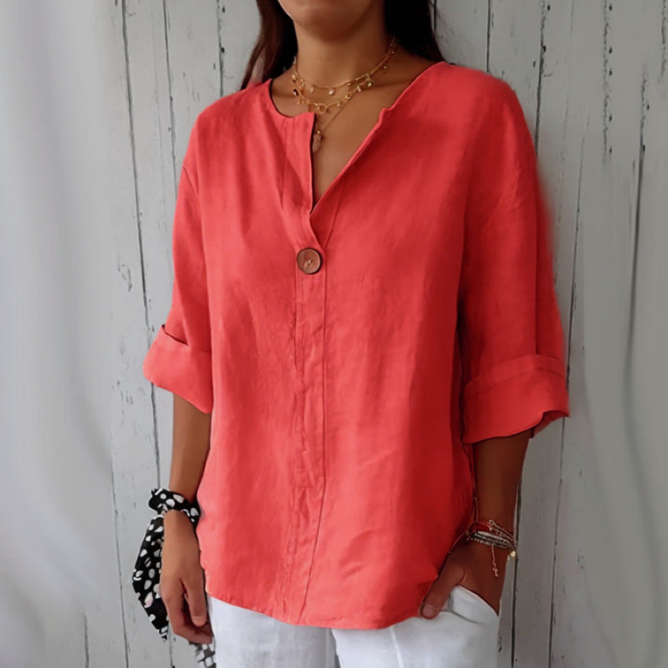Summer New Loose T-shirt Women's V-neck Solid Color Button Three-quarters Sleeve Top