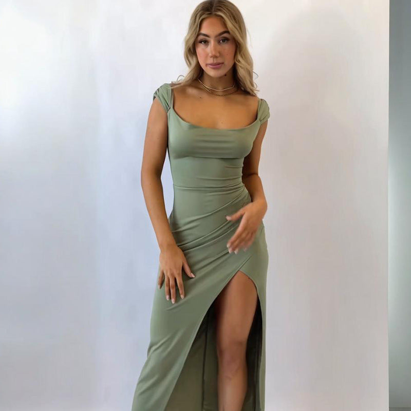 Square Collar Sexy Slit Solid Color Elegant Tied Dress