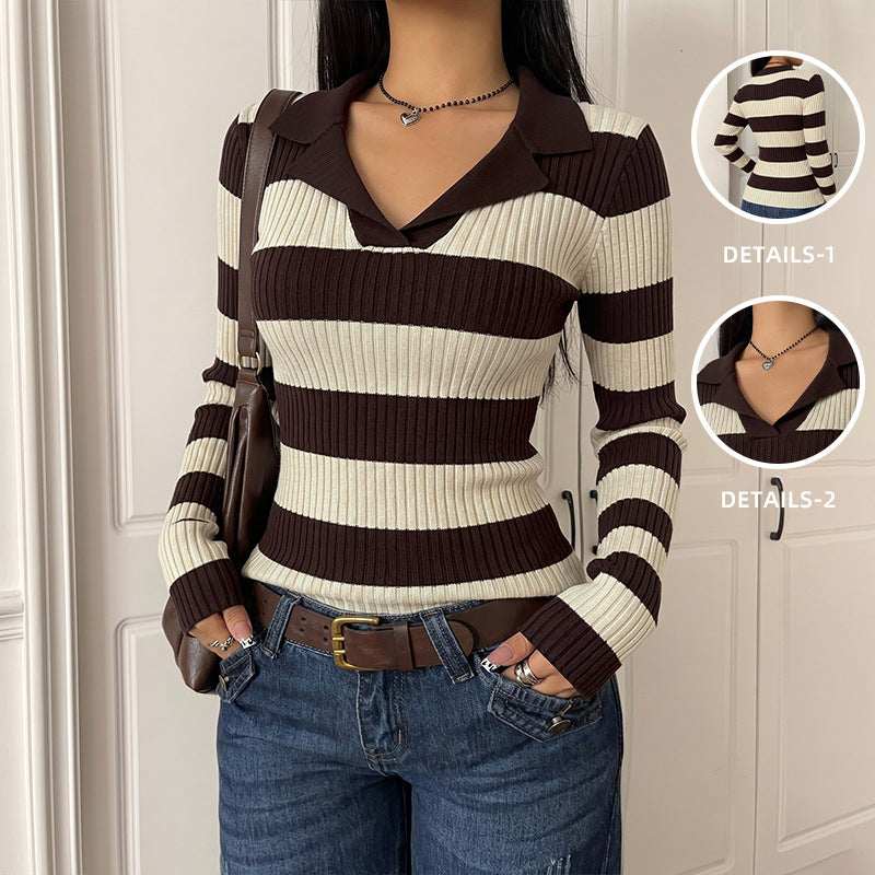 Notch-Neck Slim-Fit Knitted Sweater For Women
