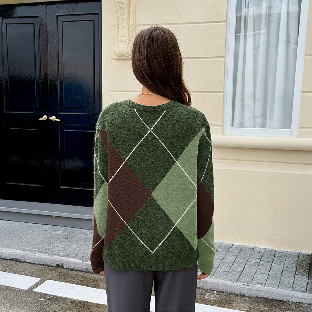 Fashionable Colorblock Long-Sleeve Knitted Sweater For Women