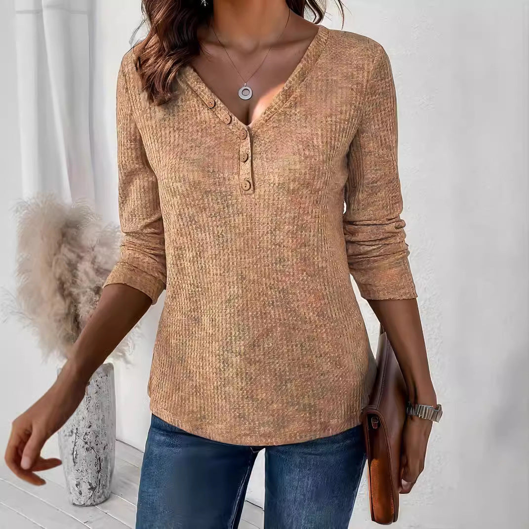 Women's V-neck Pullover Fastener Decoration Long Sleeve