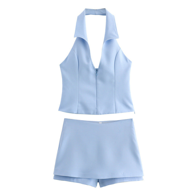 Sweet And Spicy Style Backless Slim Fit Shirt Hanging Collar Top Low Waist Skirt Pants