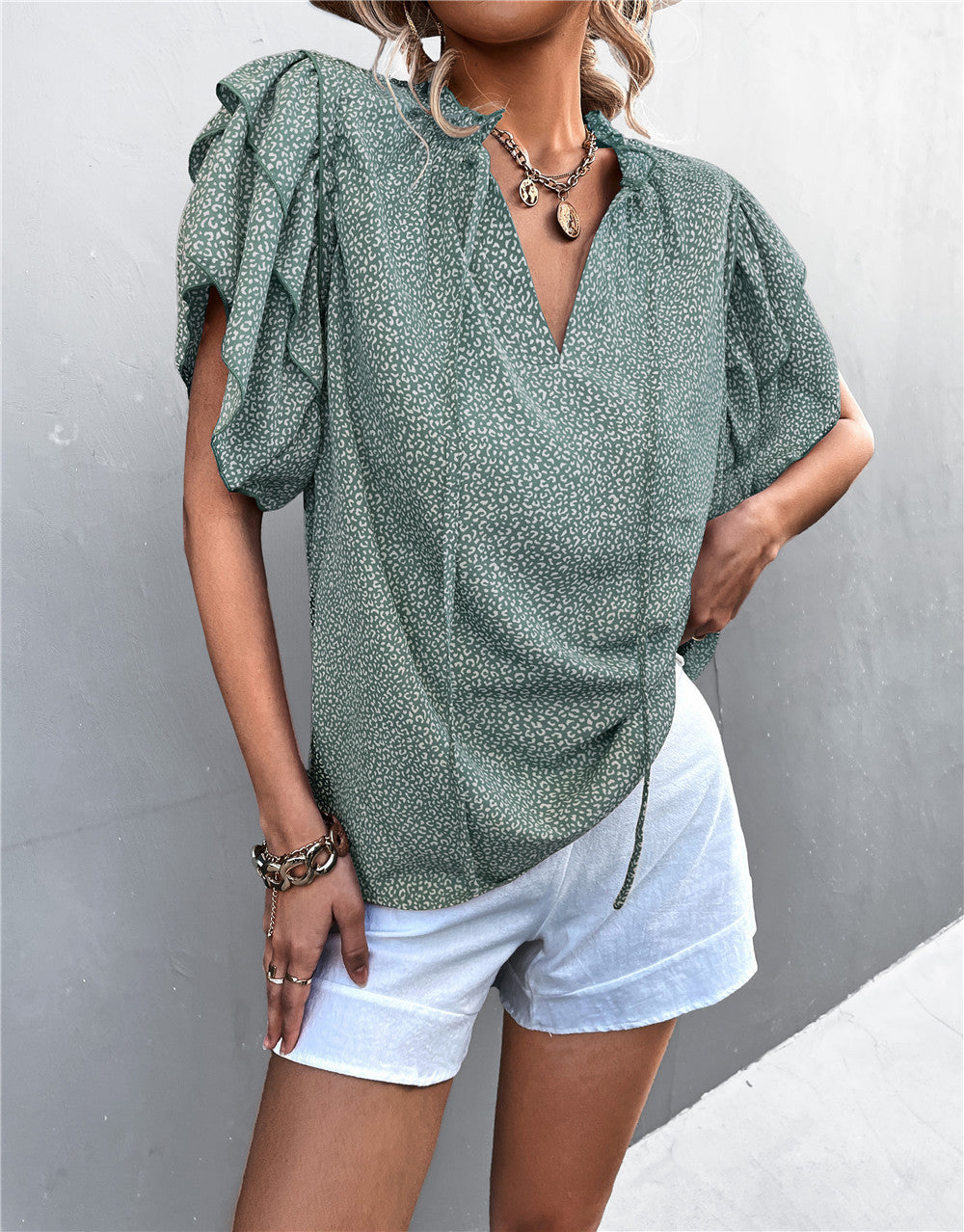 Tied V-neck Leopard Print Top Casual T-shirt