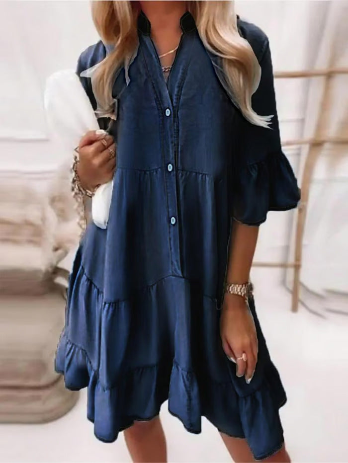 Washed Cotton Half Sleeve Mid-length Denim Dress