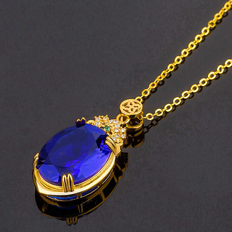 Korean Style Hot Sale Big Stone Brazil Topaz Sapphire Pendant 18K Gold Plating With Diamond Inlaid Luxury Atmosphere