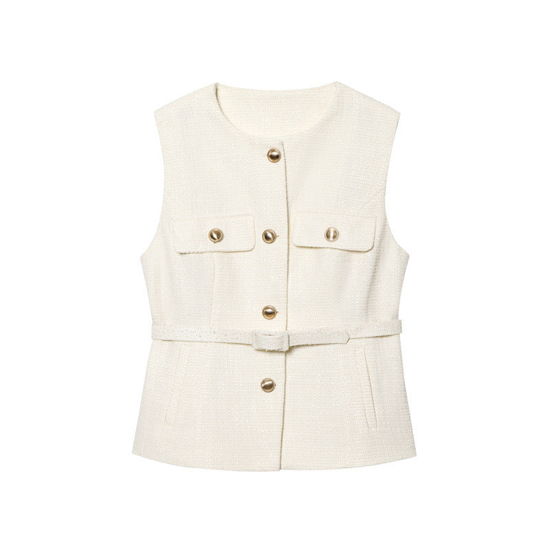 Metal Clasp With Belt Punk Texture Crew Neck Vest