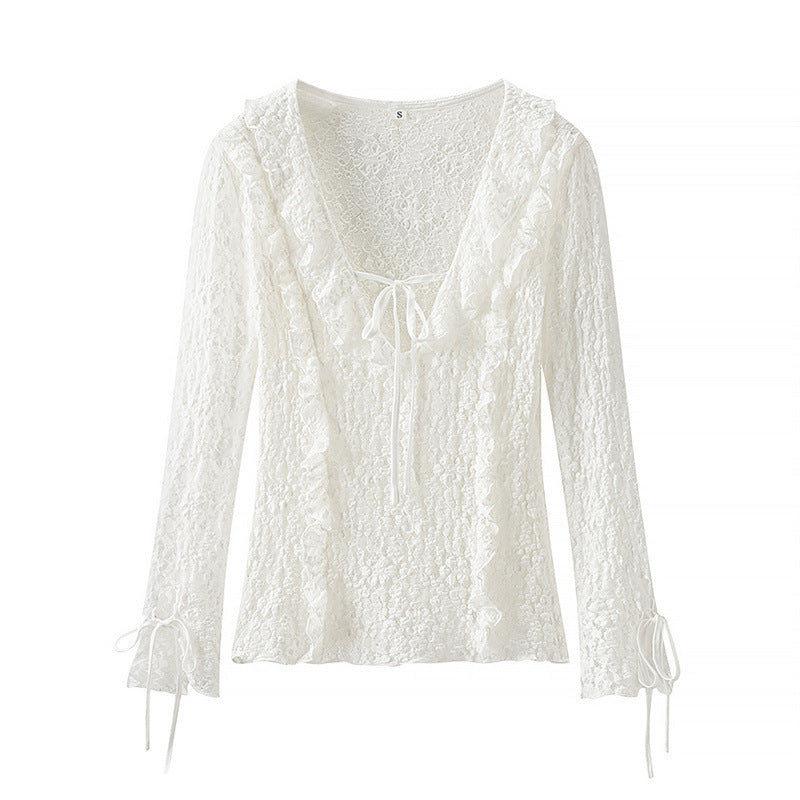 Fashion Long Sleeve Slim Lace Laminated Decoration Top