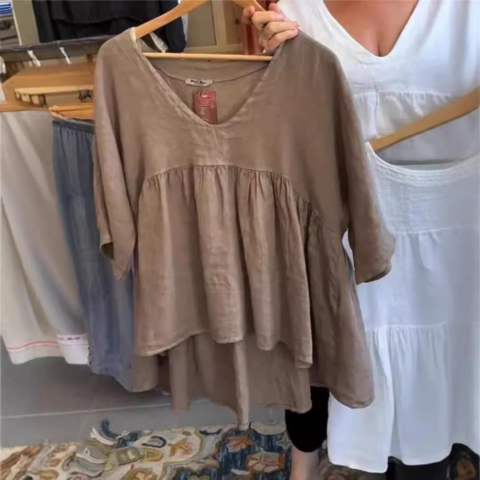 Women's Cotton And Linen Deep V-neck Solid Color Loose Top