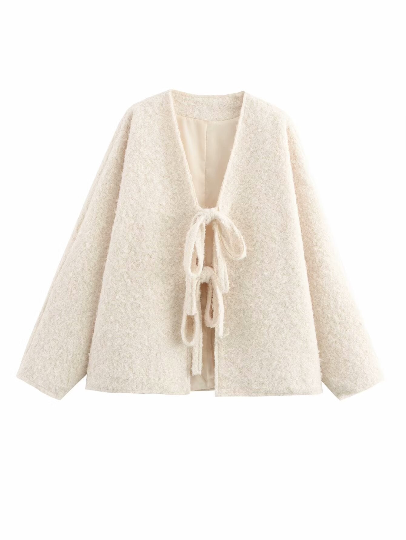 V-neck Cardigan Fashion Casual Lace Up Woolen Coat Short Coat
